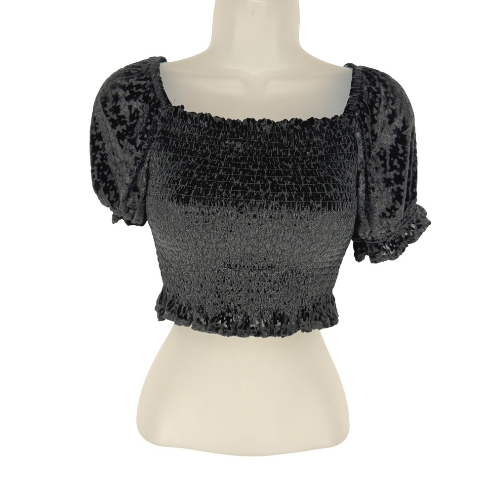 Black Burnout Velvet Smocked Crop Top Short Puff Sleeve Square Neck Medium Goth‎